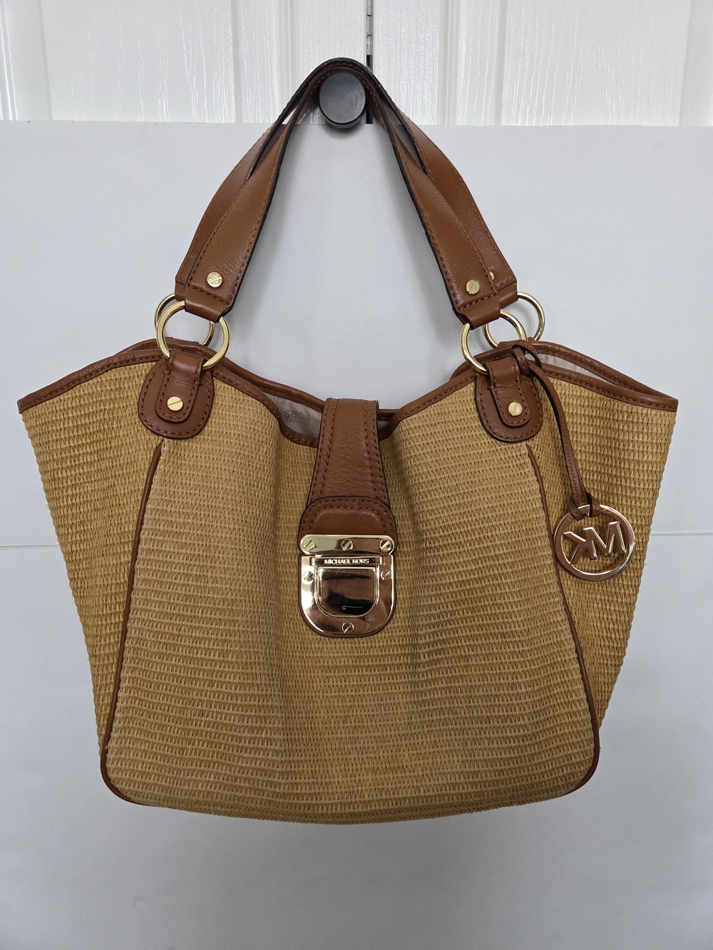 Michael Kors Straw Tote with Brown Leather Trim and Gold Hardware